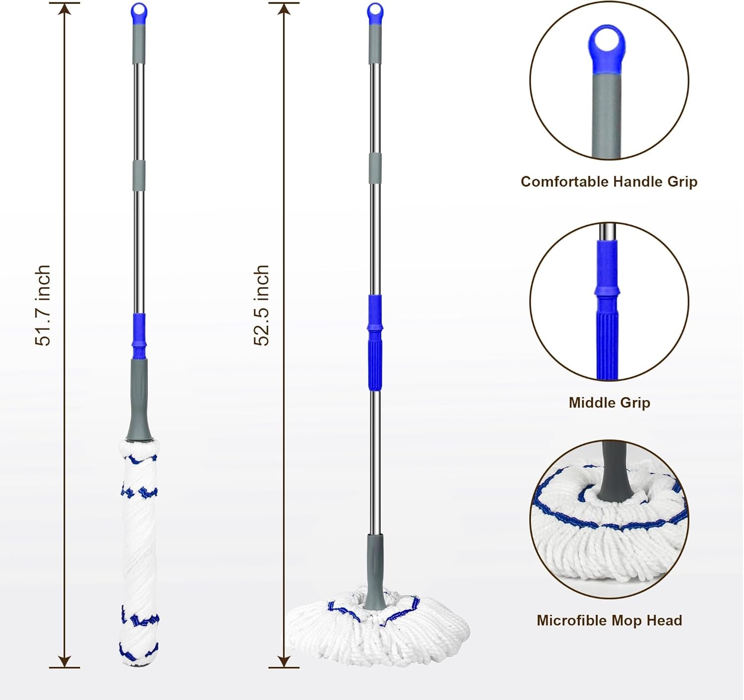 Self Wringing Floor Cleaner with 52.5 Inch Long Handle, Heavy Duty Wet Mop for Hardwood, Tile, Vinyl, Laminate Floors (White)