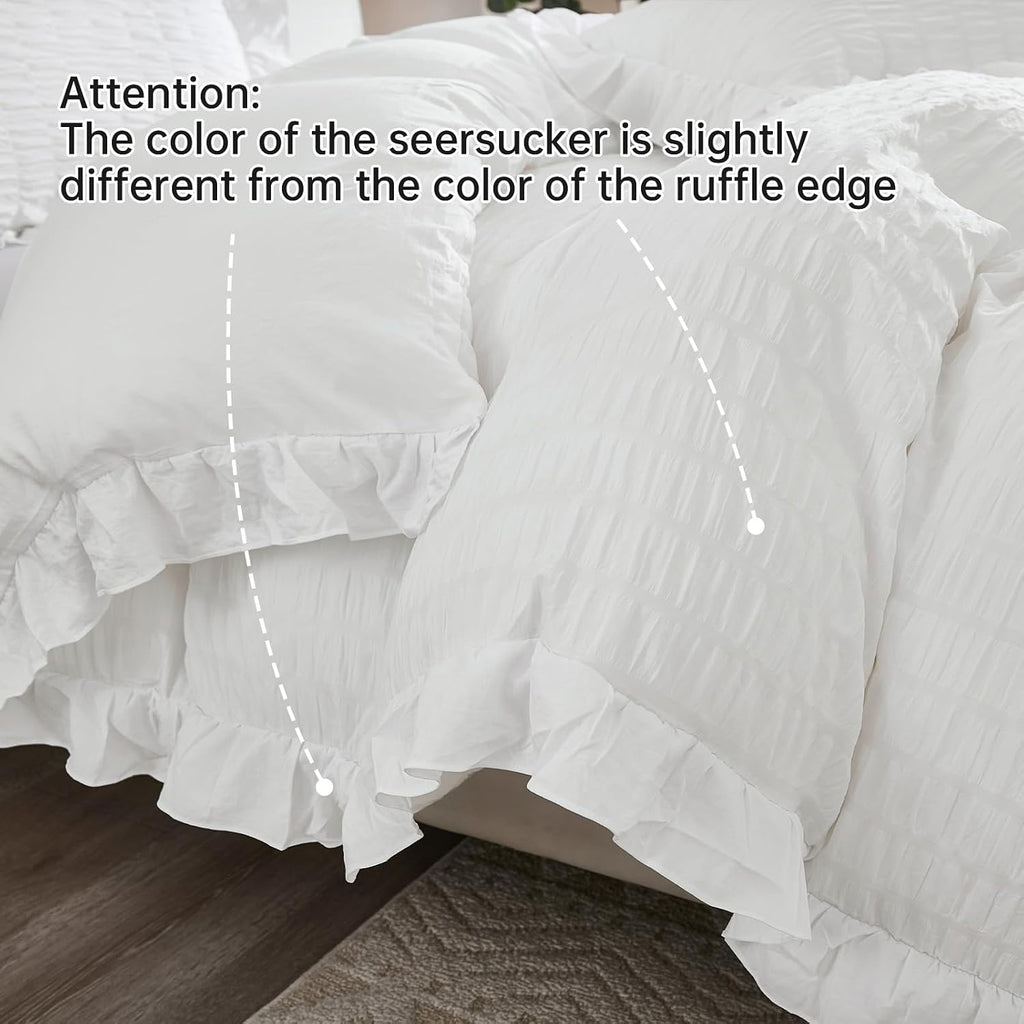 White Double Duvet Cover Set - 3 Pieces Seersucker Ruffle Bedding Sets (1 Duvet Cover and 2 Pillowcases) - Soft Microfiber Bed Sets for All Seasons 200X200 Cm