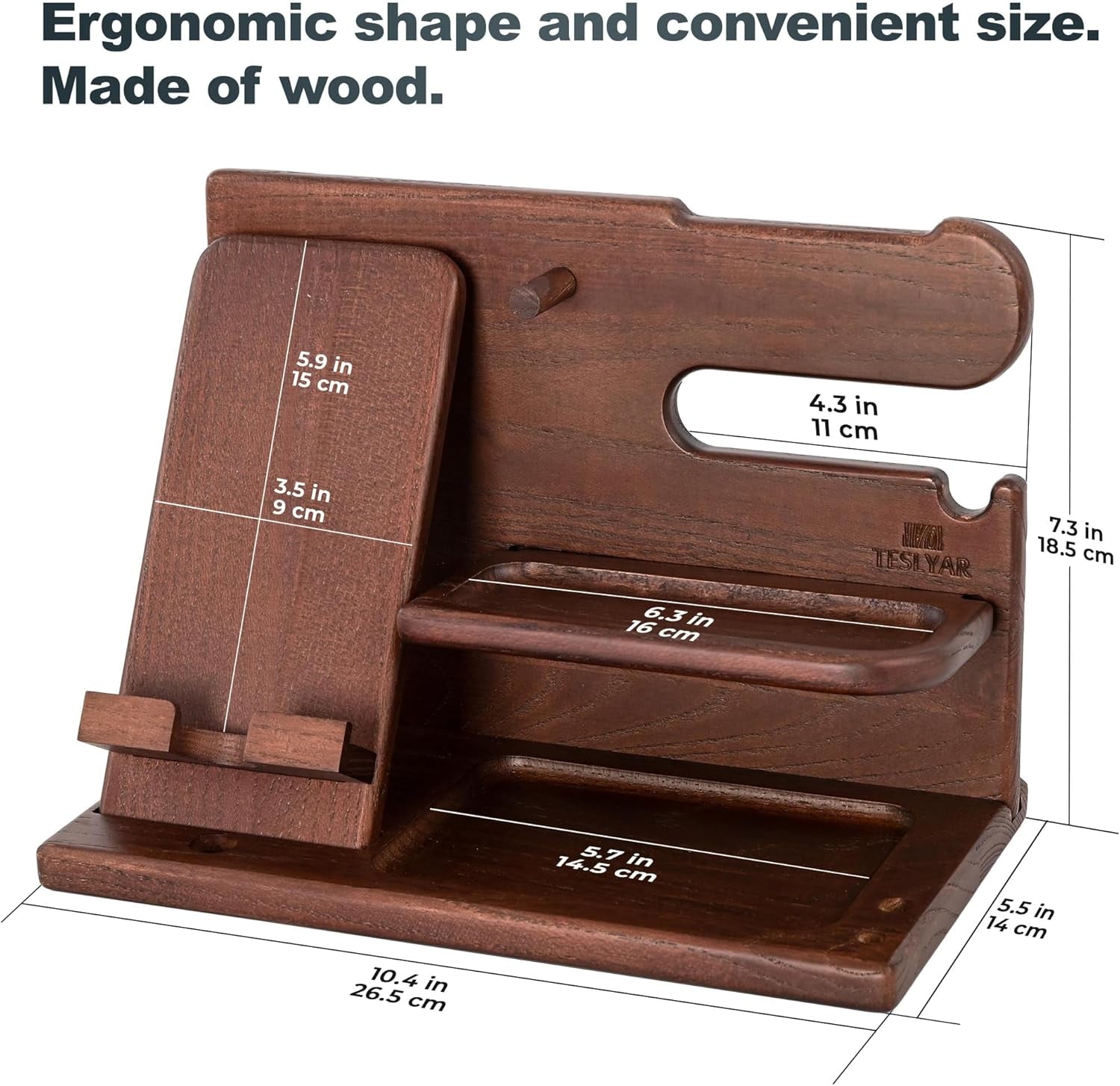Gifts for Men Wood Phone Docking Station – Solid Nightstand Organizer with Key Holder, Wallet & Watch Stand, Wooden Desk Organiser for Husband, Boyfriend & Dad, (Brown)