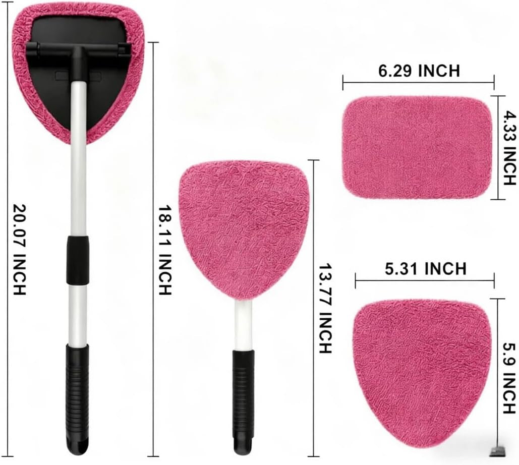 Windshield Cleaning Tools, Car Interior Window Detailing Cleaning Kit with Extendable Handle and 4 Easy to Install Reusable Ultra-Fine Pads, Car and Household Rain Brush Kit