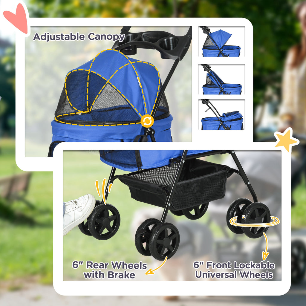 Pet Stroller Foldable Travel Carriage W/ Brake Basket Adjustable Canopy, Black