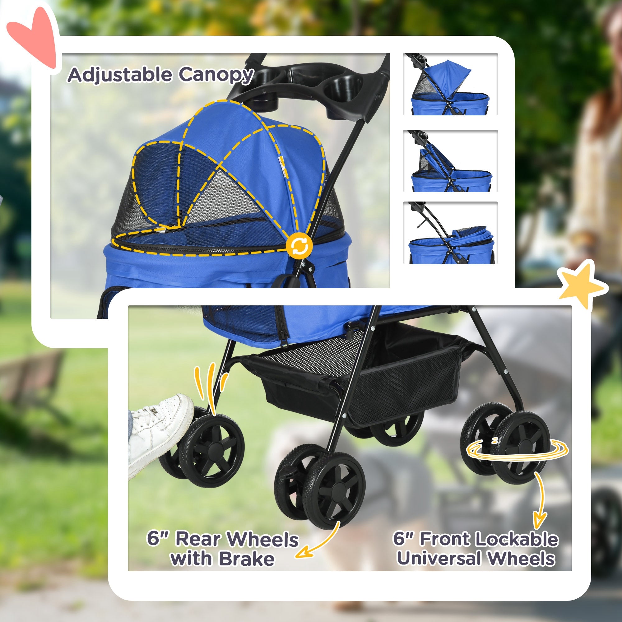 Pet Stroller Foldable Travel Carriage W/ Brake Basket Adjustable Canopy, Black