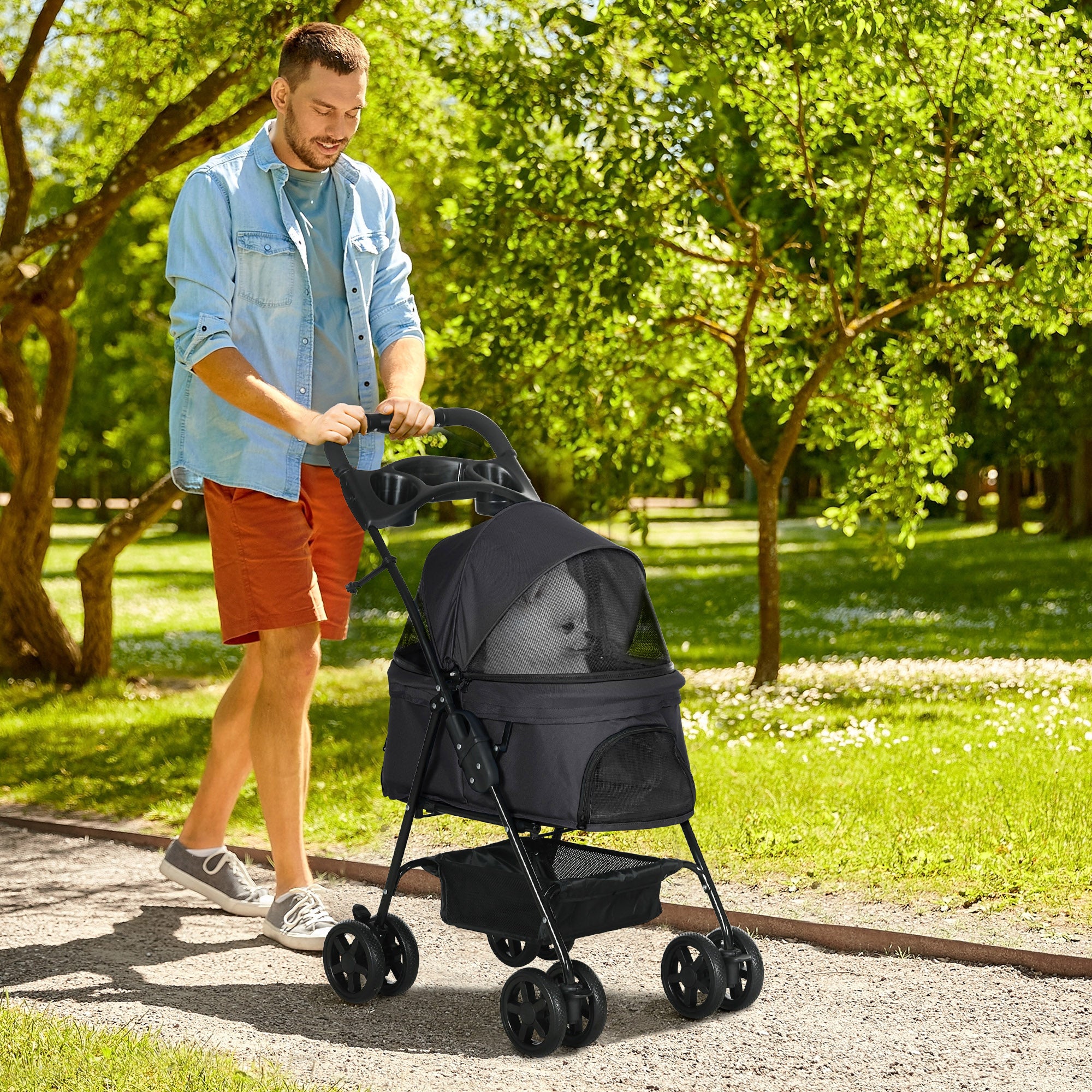 Pet Stroller Foldable Travel Carriage W/ Brake Basket Adjustable Canopy, Black