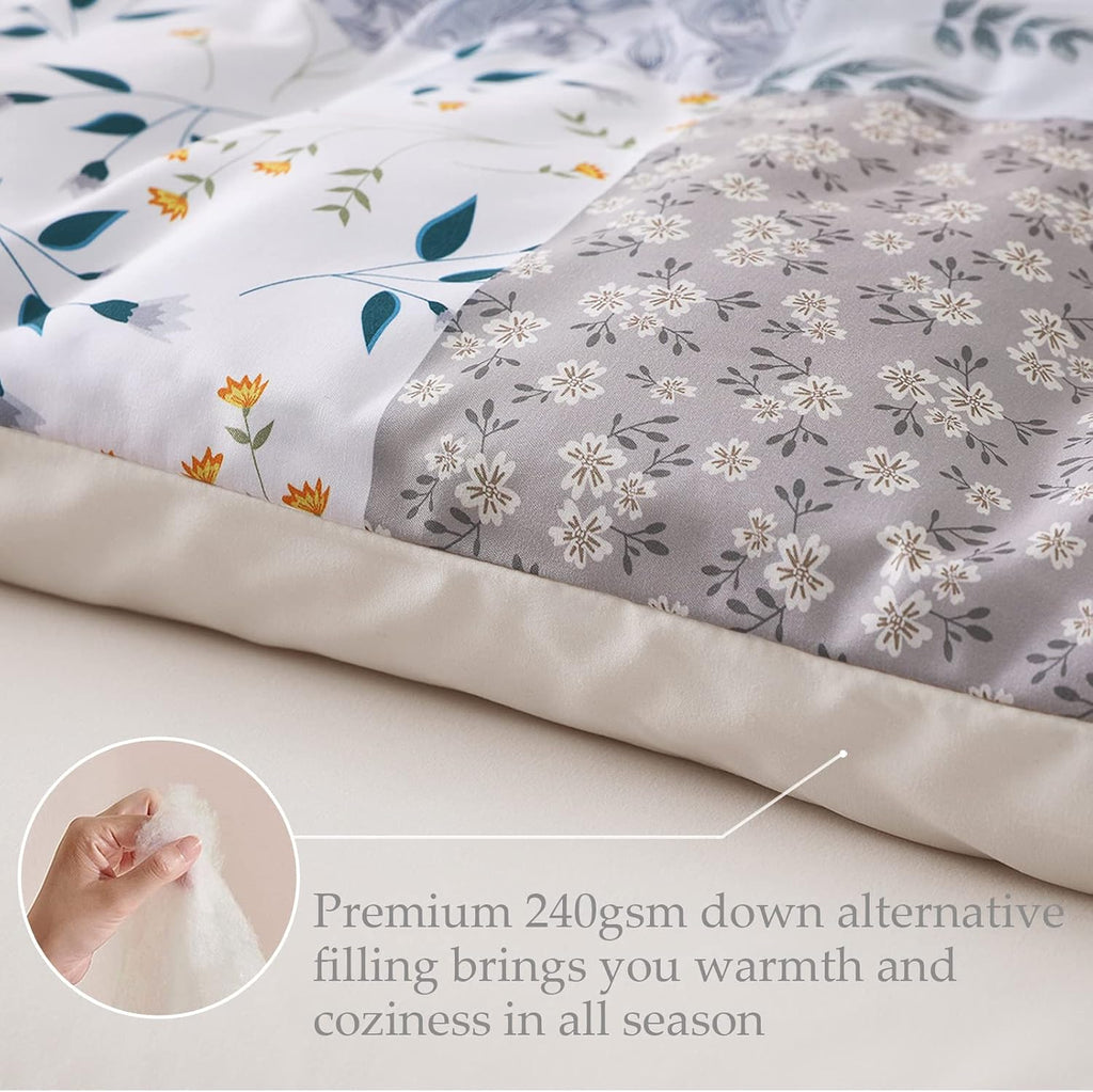 Double Size Coverless Duvet Set 7.5Tog, Patchwork Floral Bed Cover Bedding Comforter Duvets Sets for All Seasons, Machine Washable, 200×200CM, Grey