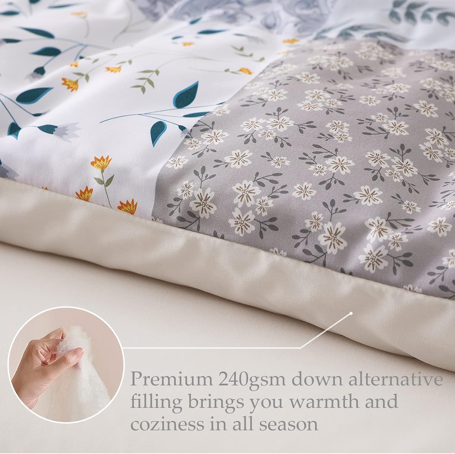 Double Size Coverless Duvet Set 7.5Tog, Patchwork Floral Bed Cover Bedding Comforter Duvets Sets for All Seasons, Machine Washable, 200×200CM, Grey