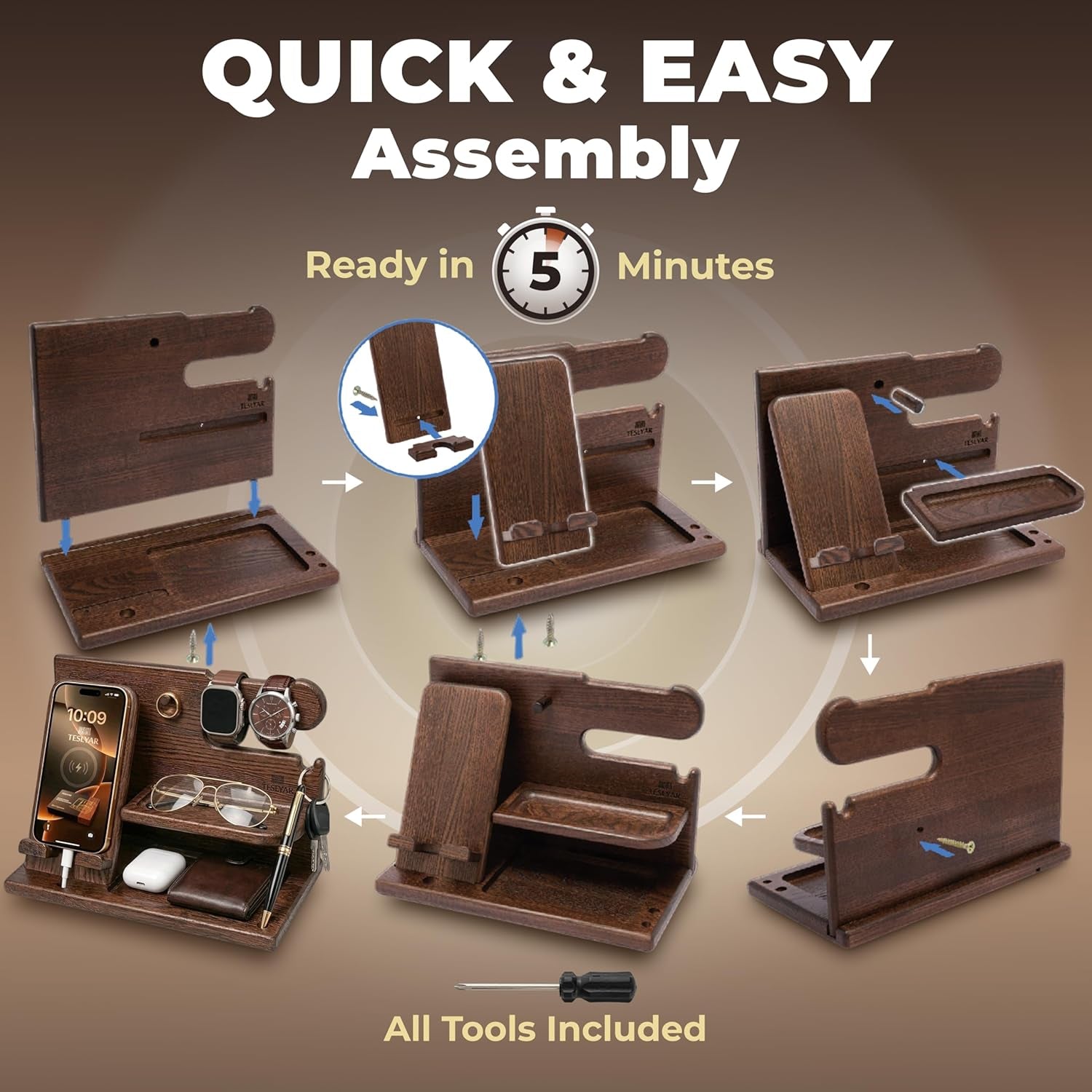 Gifts for Men Wood Phone Docking Station – Solid Nightstand Organizer with Key Holder, Wallet & Watch Stand, Wooden Desk Organiser for Husband, Boyfriend & Dad, (Brown)