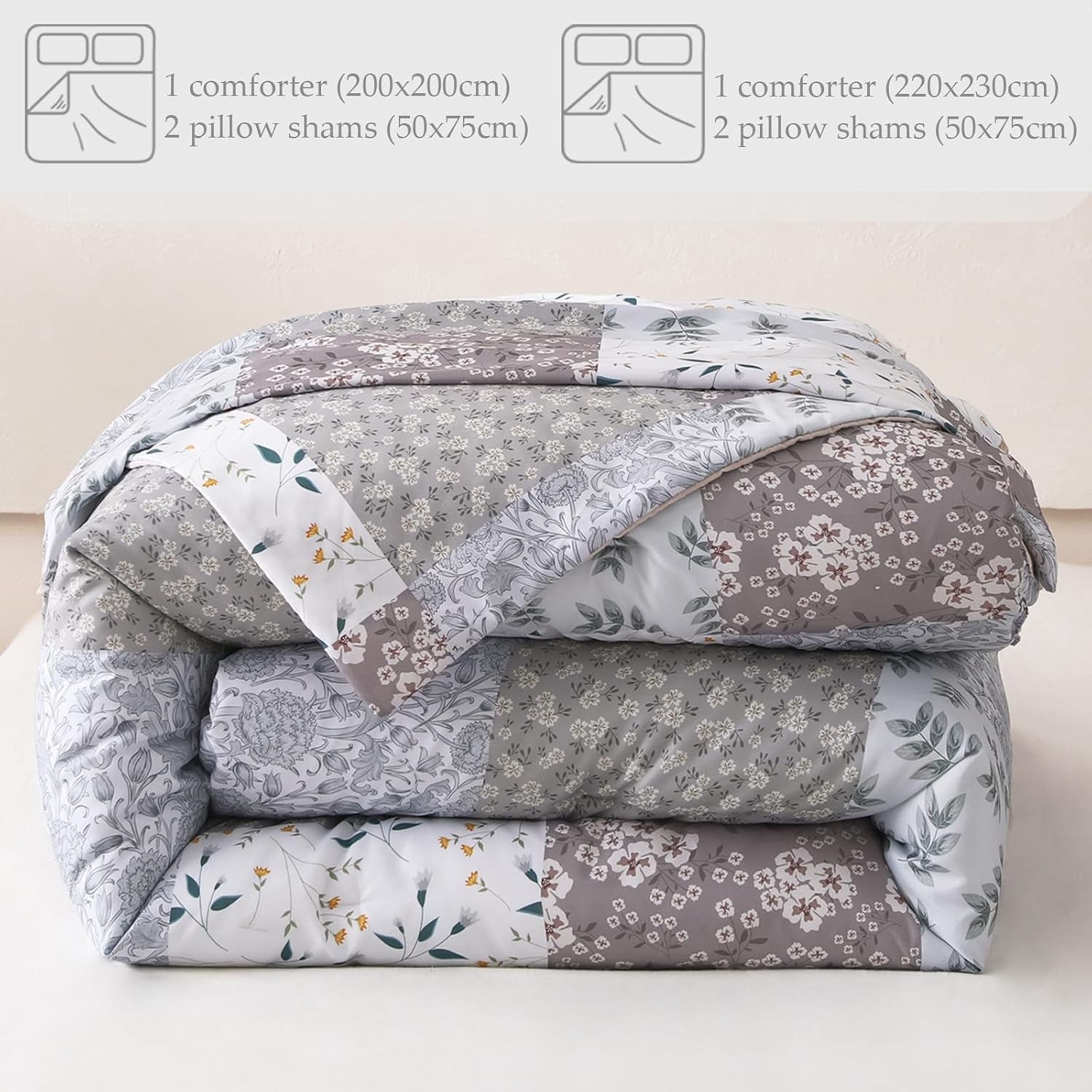 Double Size Coverless Duvet Set 7.5Tog, Patchwork Floral Bed Cover Bedding Comforter Duvets Sets for All Seasons, Machine Washable, 200×200CM, Grey