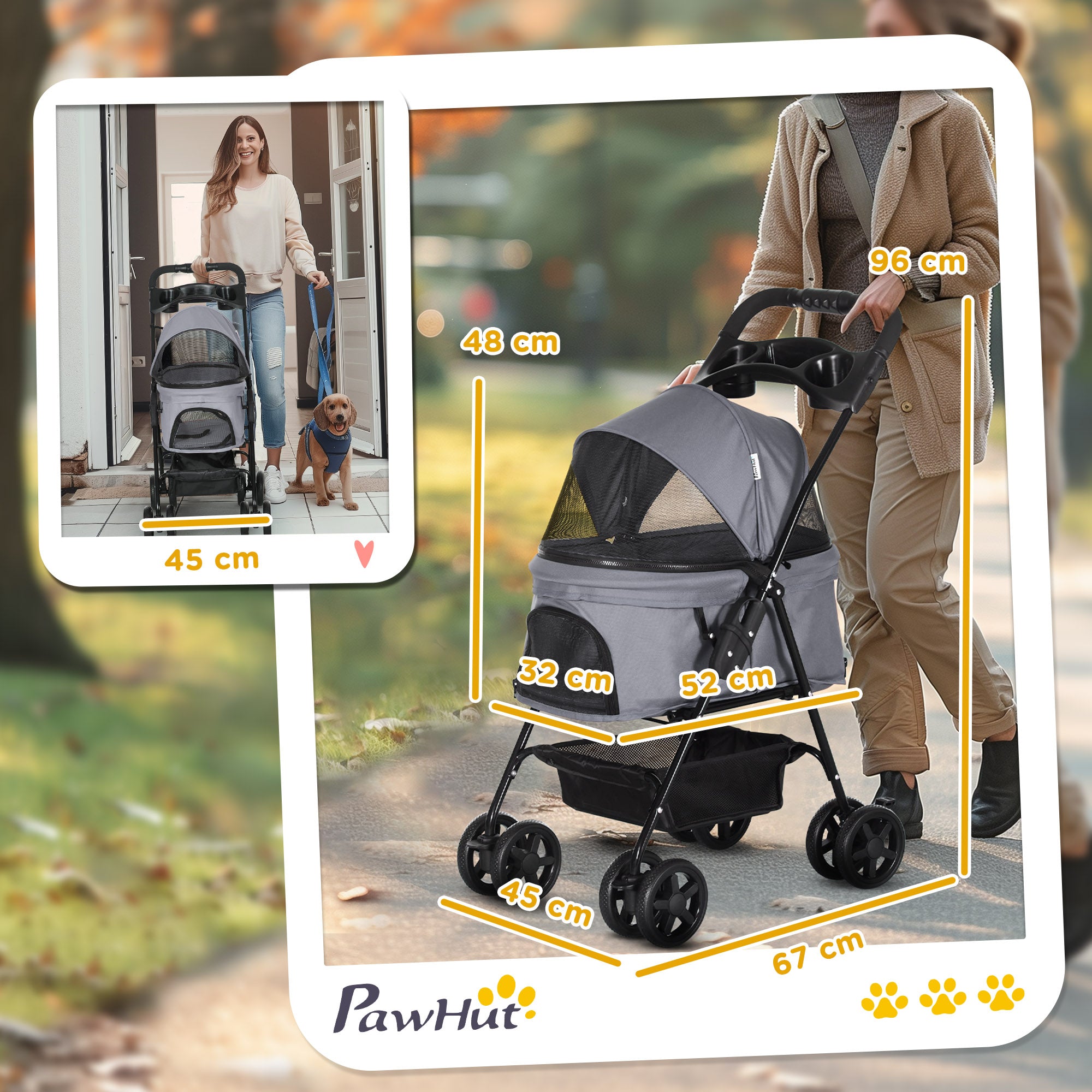 Pet Stroller Foldable Travel Carriage W/ Brake Basket Adjustable Canopy, Black