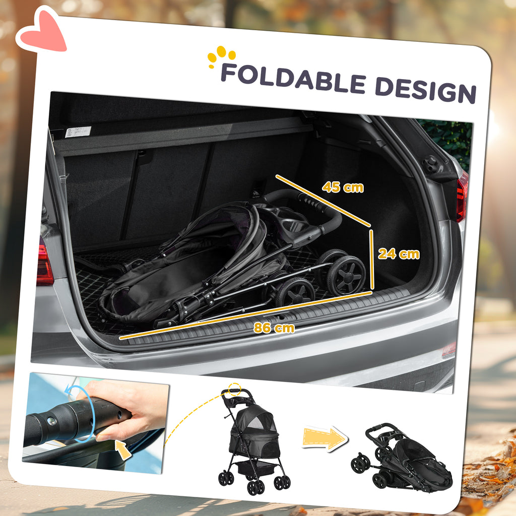 Pet Stroller Foldable Travel Carriage W/ Brake Basket Adjustable Canopy, Black