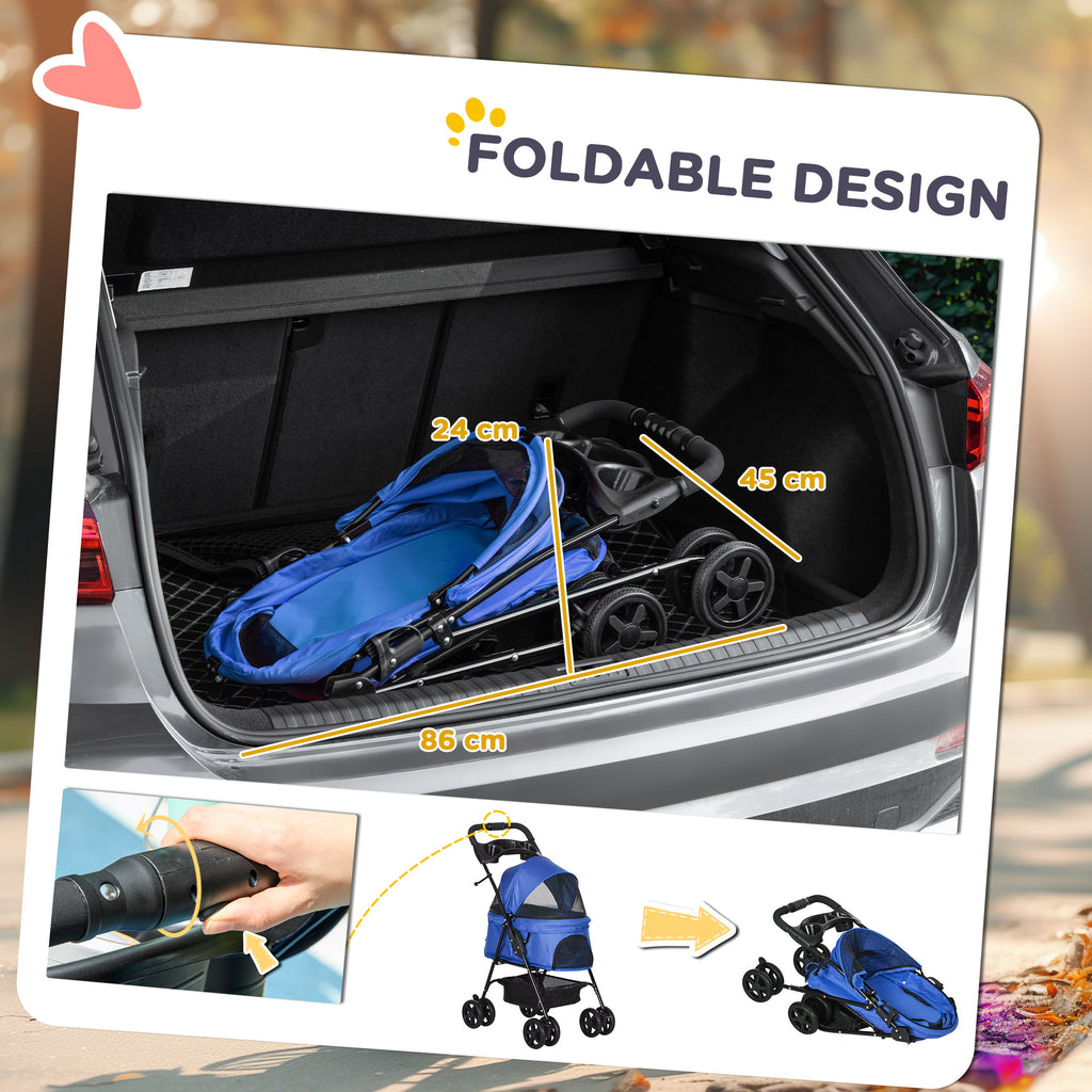 Pet Stroller Foldable Travel Carriage W/ Brake Basket Adjustable Canopy, Black