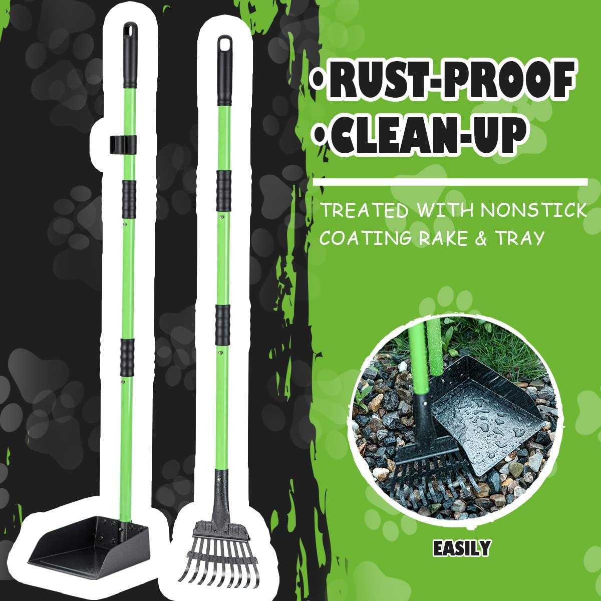 Pooper Scooper, Dog Pooper Scooper Long Handle Stainless Metal Tray and Rake Set for Medium Small Dogs Heavy Duty - Use on Grass, Dirt or Gravel - Pet Supplies (Green)