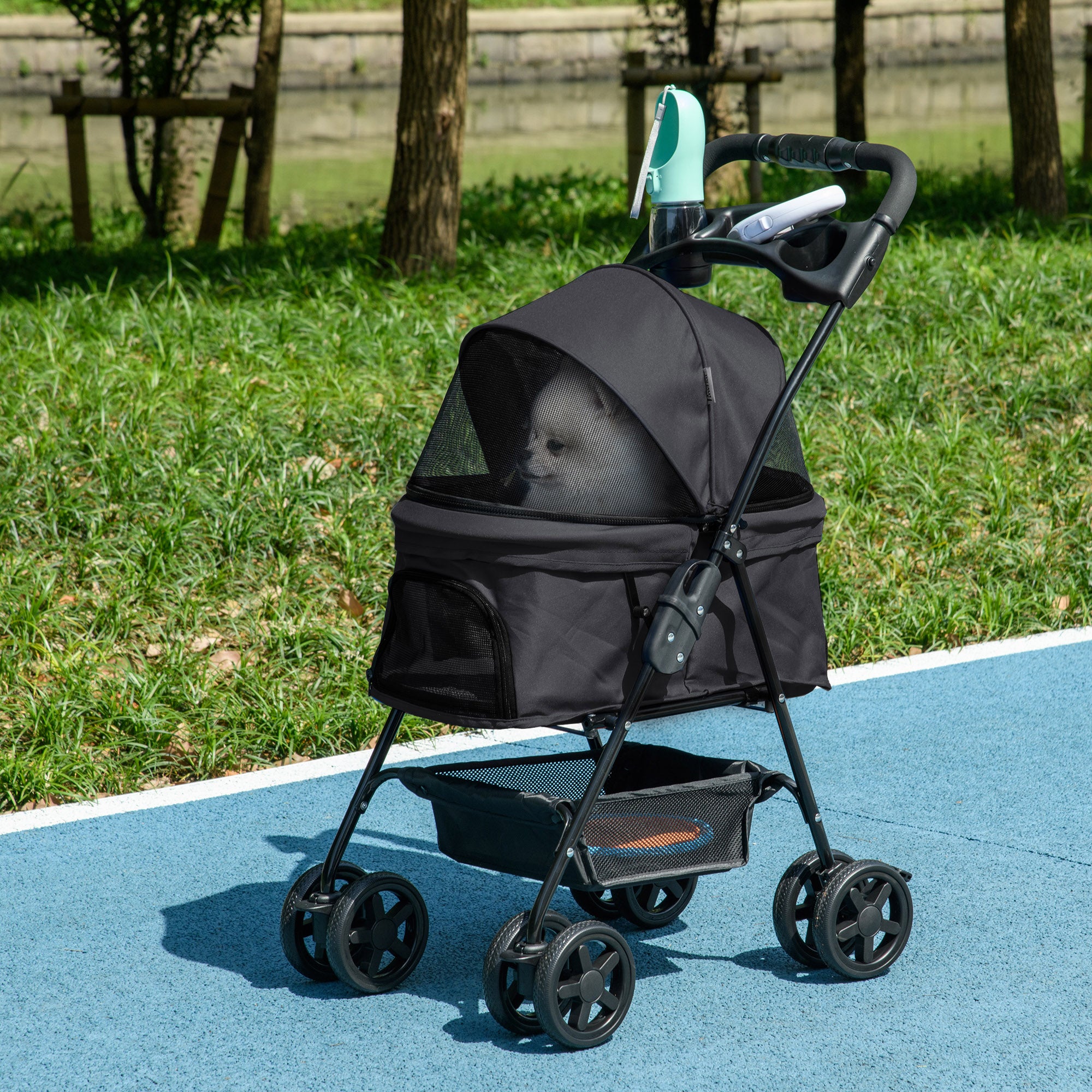 Pet Stroller Foldable Travel Carriage W/ Brake Basket Adjustable Canopy, Black
