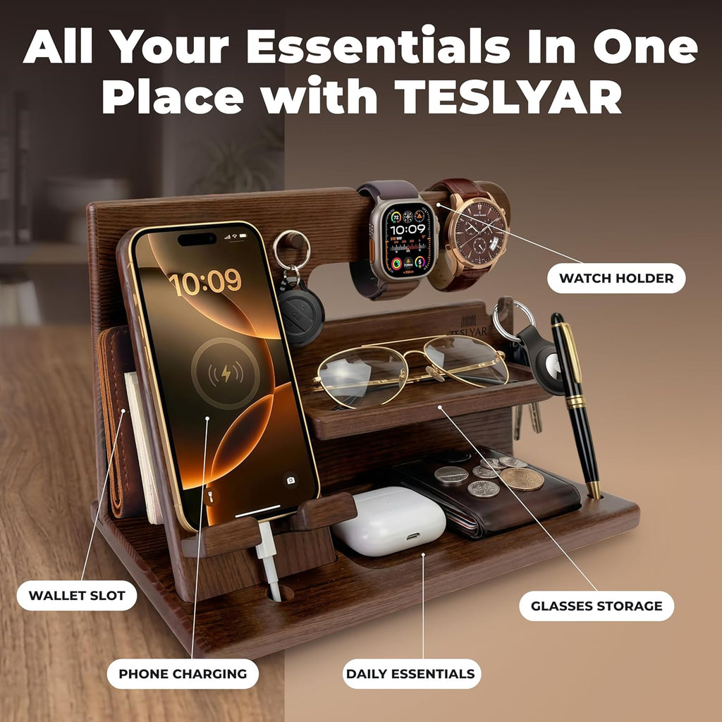 Gifts for Men Wood Phone Docking Station – Solid Nightstand Organizer with Key Holder, Wallet & Watch Stand, Wooden Desk Organiser for Husband, Boyfriend & Dad, (Brown)