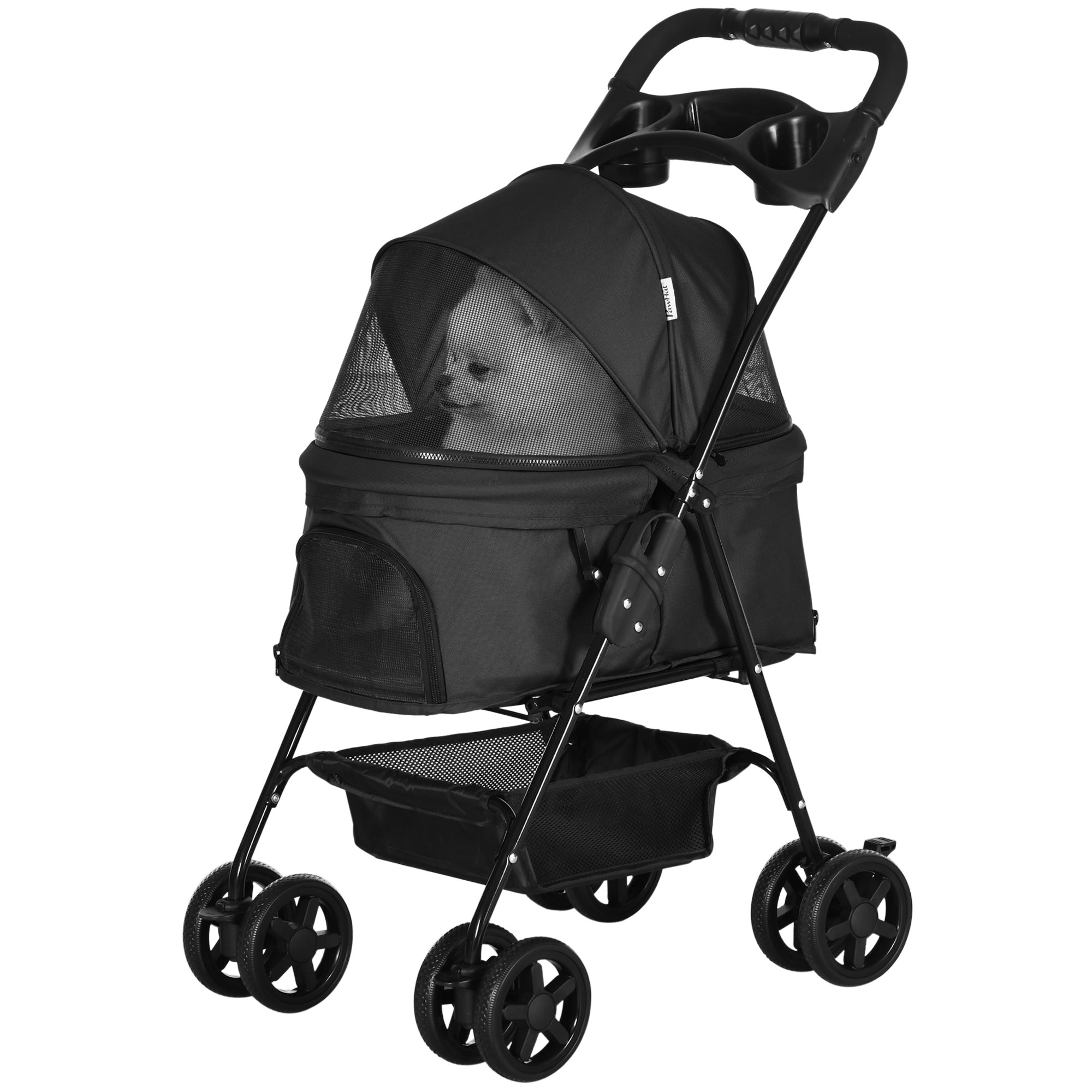 Pet Stroller Foldable Travel Carriage W/ Brake Basket Adjustable Canopy, Black