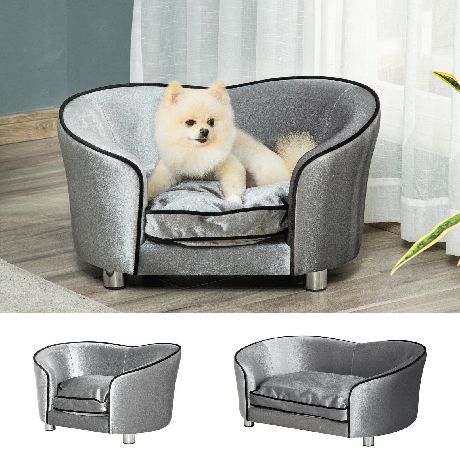 Dog Sofa Pet Chair, Kitten Couch W/ Soft Cushion, Storage Pocket