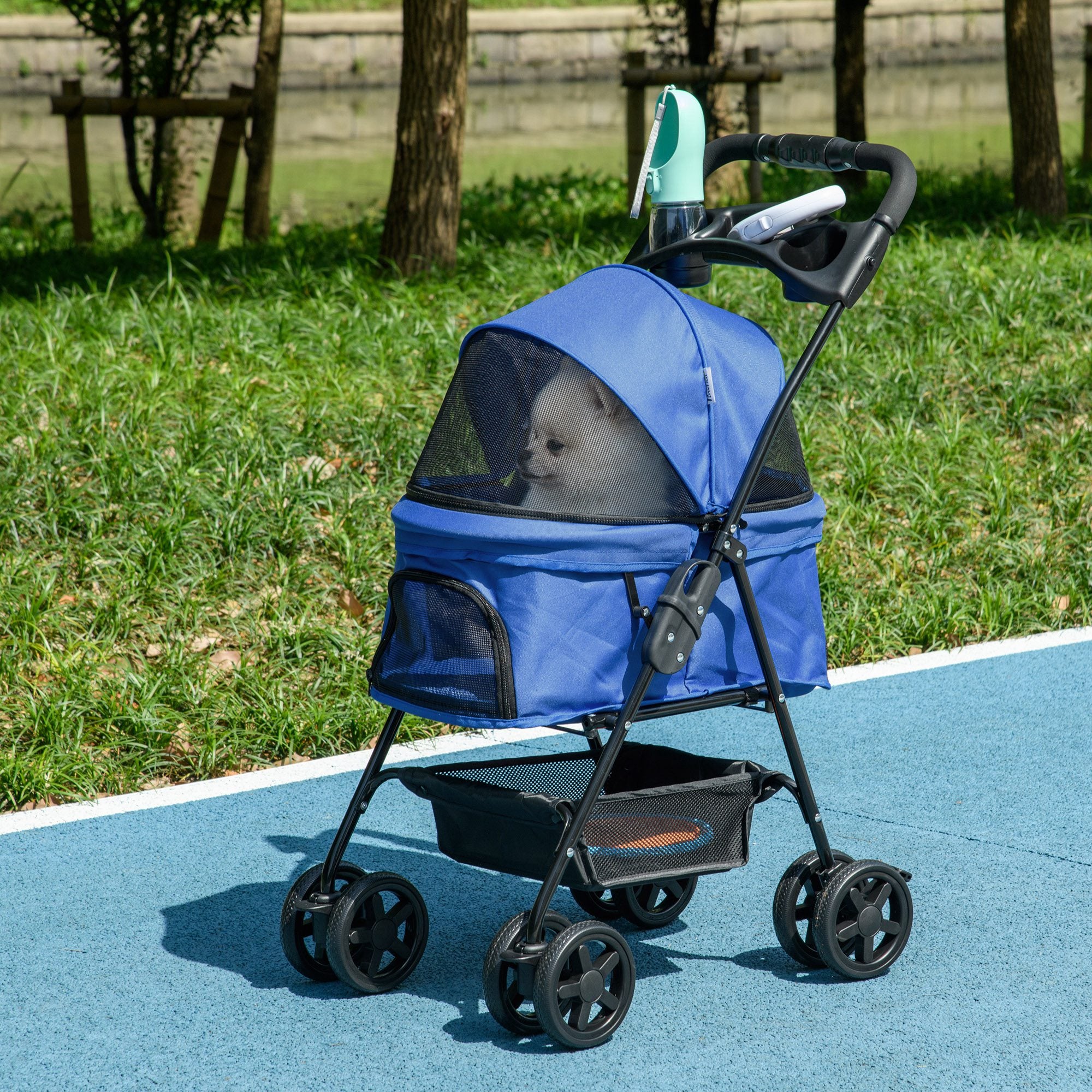 Pet Stroller Foldable Travel Carriage W/ Brake Basket Adjustable Canopy, Black