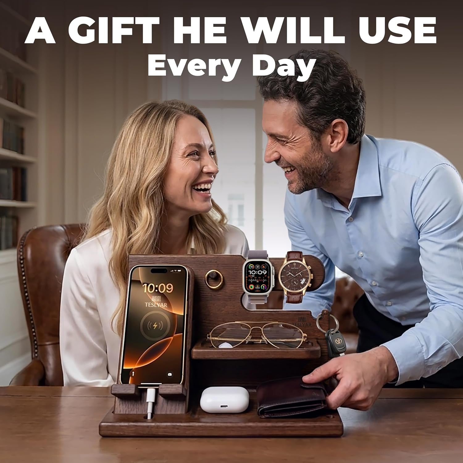 Gifts for Men Wood Phone Docking Station – Solid Nightstand Organizer with Key Holder, Wallet & Watch Stand, Wooden Desk Organiser for Husband, Boyfriend & Dad, (Brown)