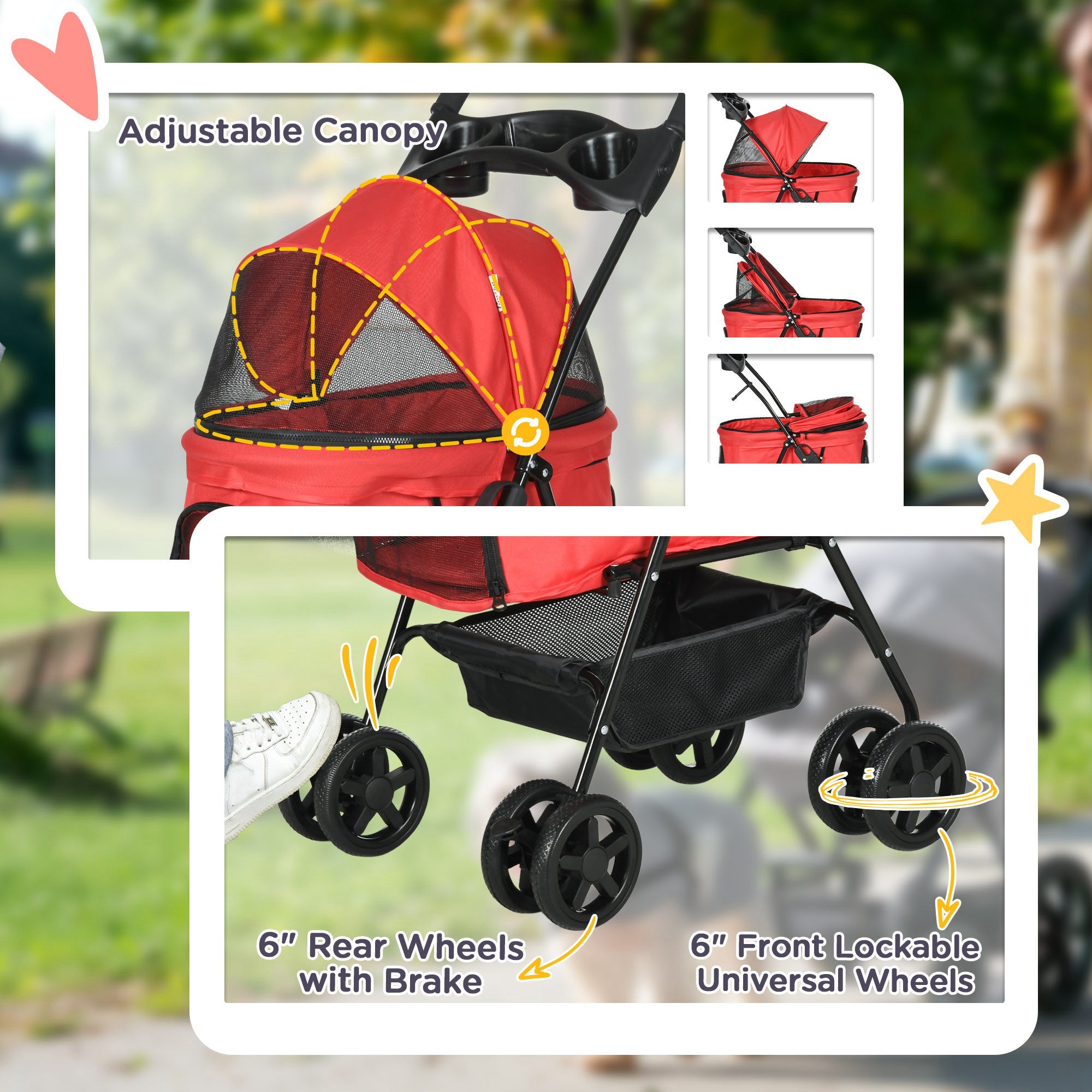 Pet Stroller Foldable Travel Carriage W/ Brake Basket Adjustable Canopy, Black