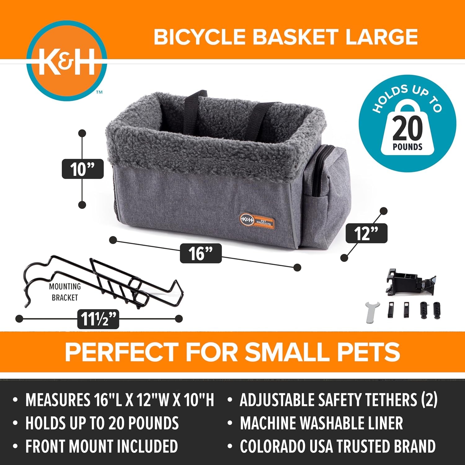 Pet Products Universal Bike Pet Carrier for Travel, Cat and Dog Bicycle Baskets, Classy Gray Large 12 X 16 X 10 Inches