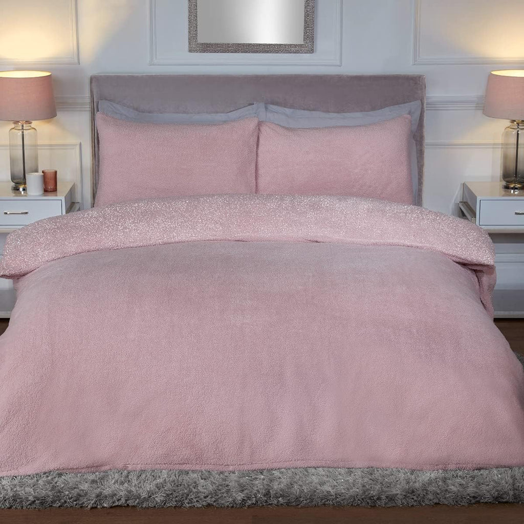 Sparkle Teddy Fleece Thermal Warm Cosy Super Soft Duvet Cover Quilt Bedding Set with Pillow Cases - Super King (220Cm X 260Cm) - Blush Pink