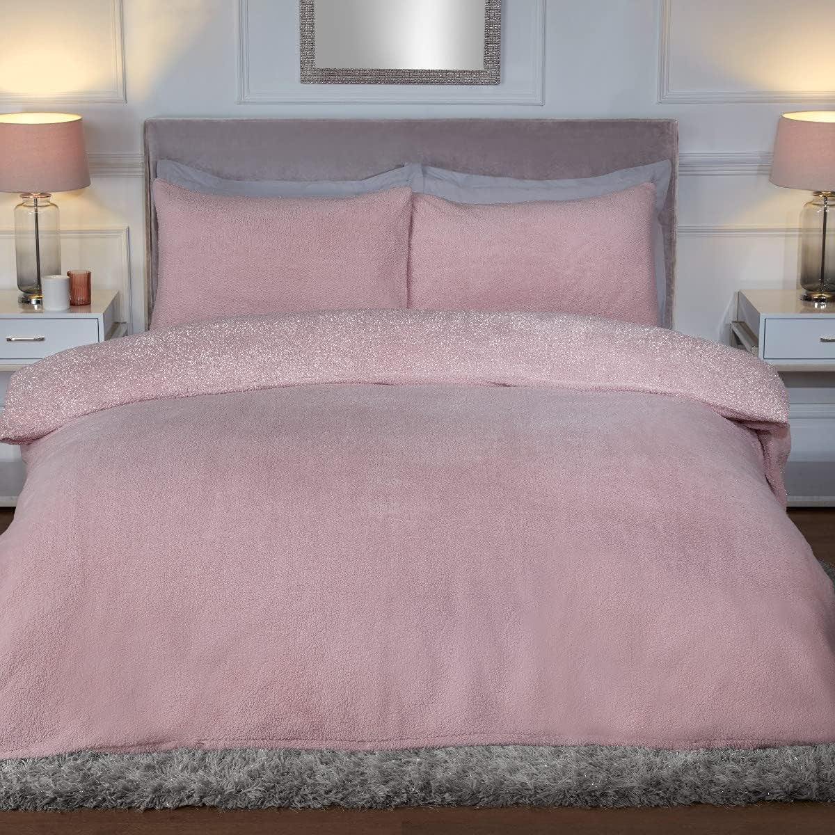 Sparkle Teddy Fleece Thermal Warm Cosy Super Soft Duvet Cover Quilt Bedding Set with Pillow Cases - Super King (220Cm X 260Cm) - Blush Pink