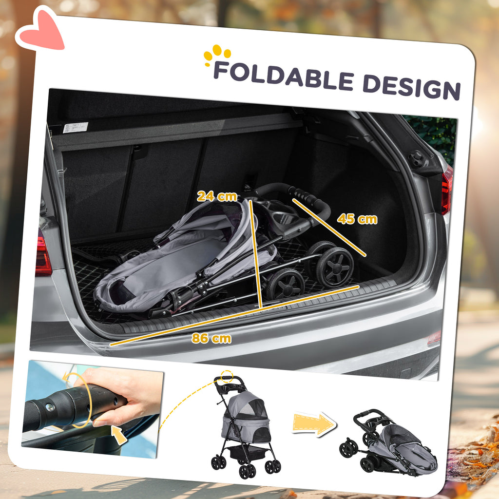 Pet Stroller Foldable Travel Carriage W/ Brake Basket Adjustable Canopy, Black