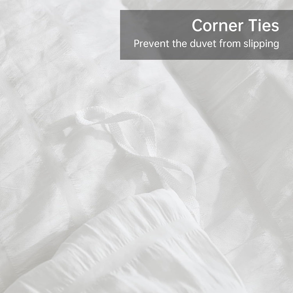 White Double Duvet Cover Set - 3 Pieces Seersucker Ruffle Bedding Sets (1 Duvet Cover and 2 Pillowcases) - Soft Microfiber Bed Sets for All Seasons 200X200 Cm