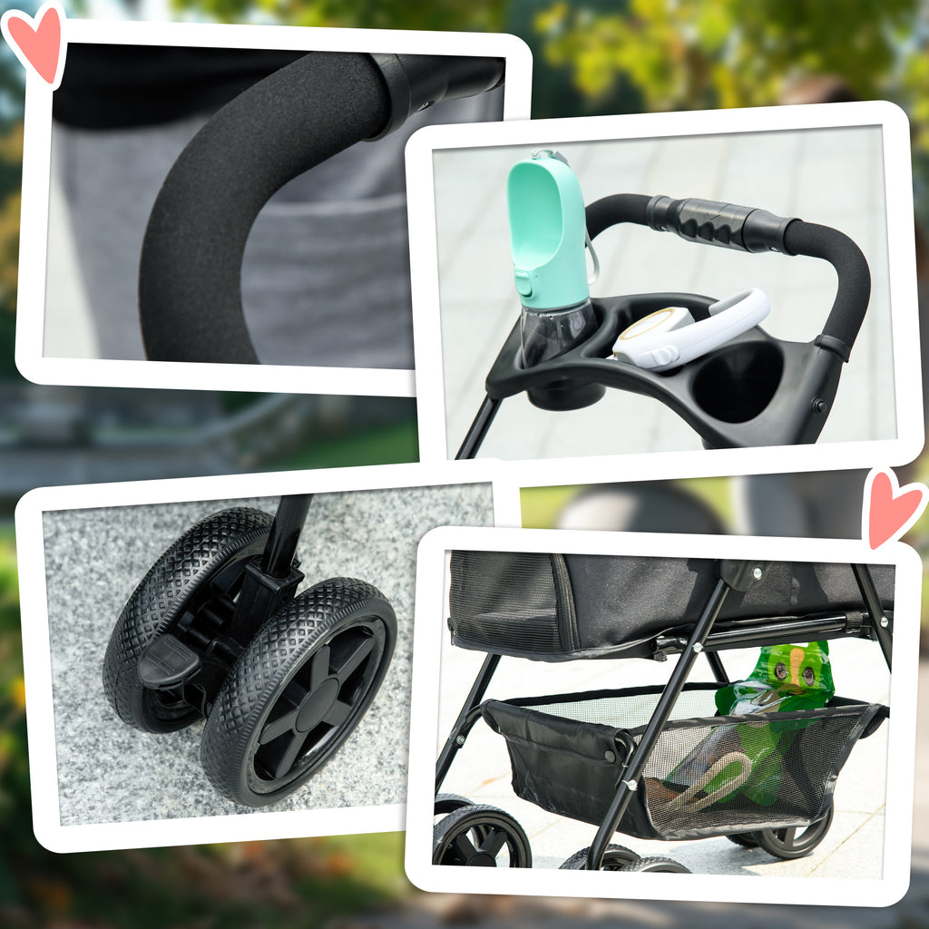 Pet Stroller Foldable Travel Carriage W/ Brake Basket Adjustable Canopy, Black