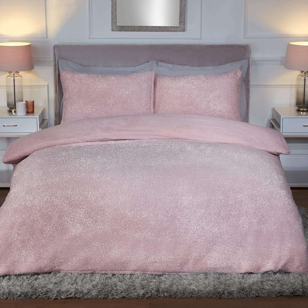 Sparkle Teddy Fleece Thermal Warm Cosy Super Soft Duvet Cover Quilt Bedding Set with Pillow Cases - Super King (220Cm X 260Cm) - Blush Pink