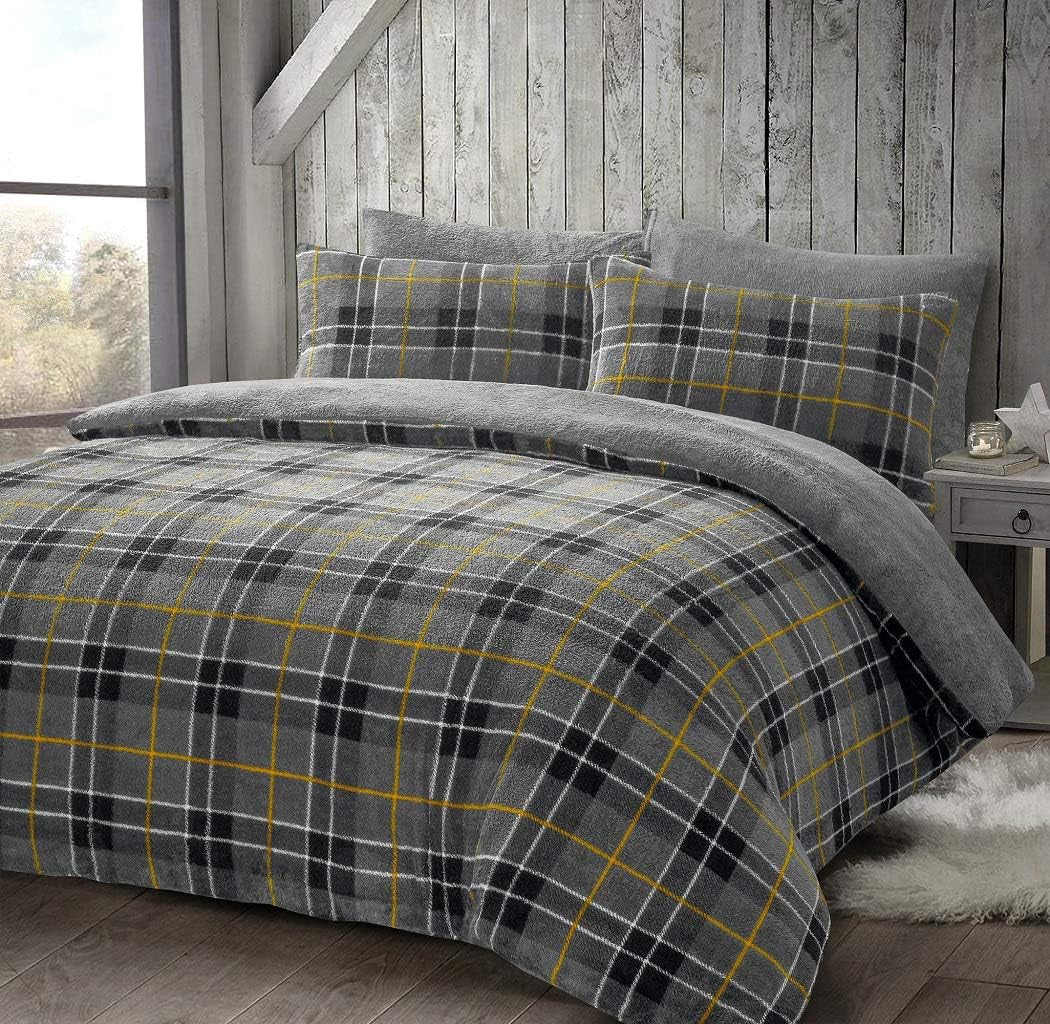Teddy Bear Fleece Tartan Check Duvet Cover Soft Cosy Warm Checked Teddy Bear Bedding Set (Grey, Single)