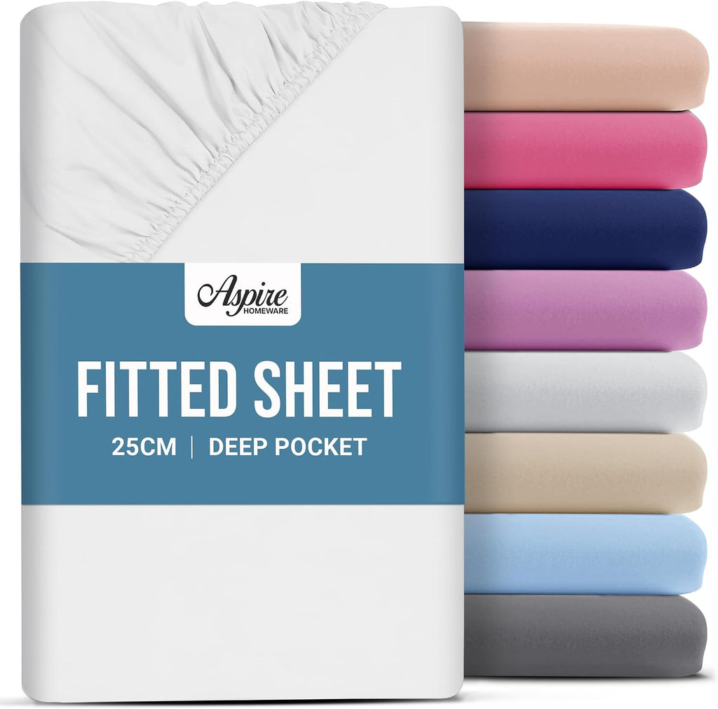 Double Fitted Sheet - 25 Cm Deep Hotel Quality (White) Bed Sheets - Soft & Breathable Fitted Bed Sheets Double - Anti-Wrinkle Easy Care Fitted Sheets