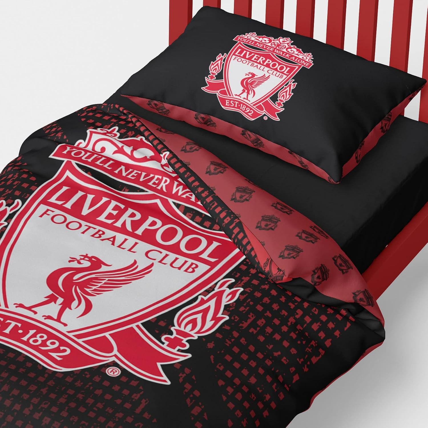 Football Duvet Cover Sets Bedding Single or Double Bed Set with Pillowcase LFC Mesh Football Gifts for Boys (Single), Red/Black