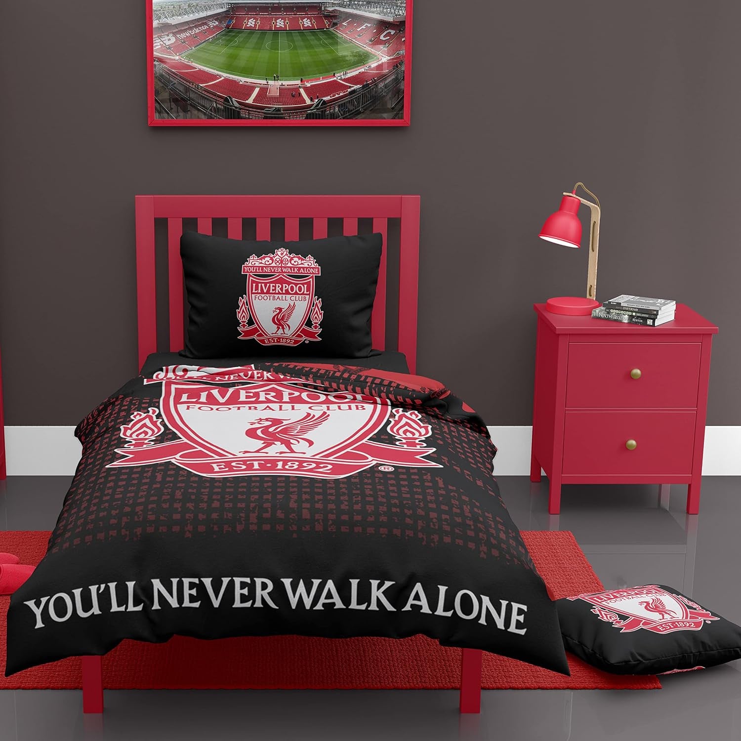 Football Duvet Cover Sets Bedding Single or Double Bed Set with Pillowcase LFC Mesh Football Gifts for Boys (Single), Red/Black