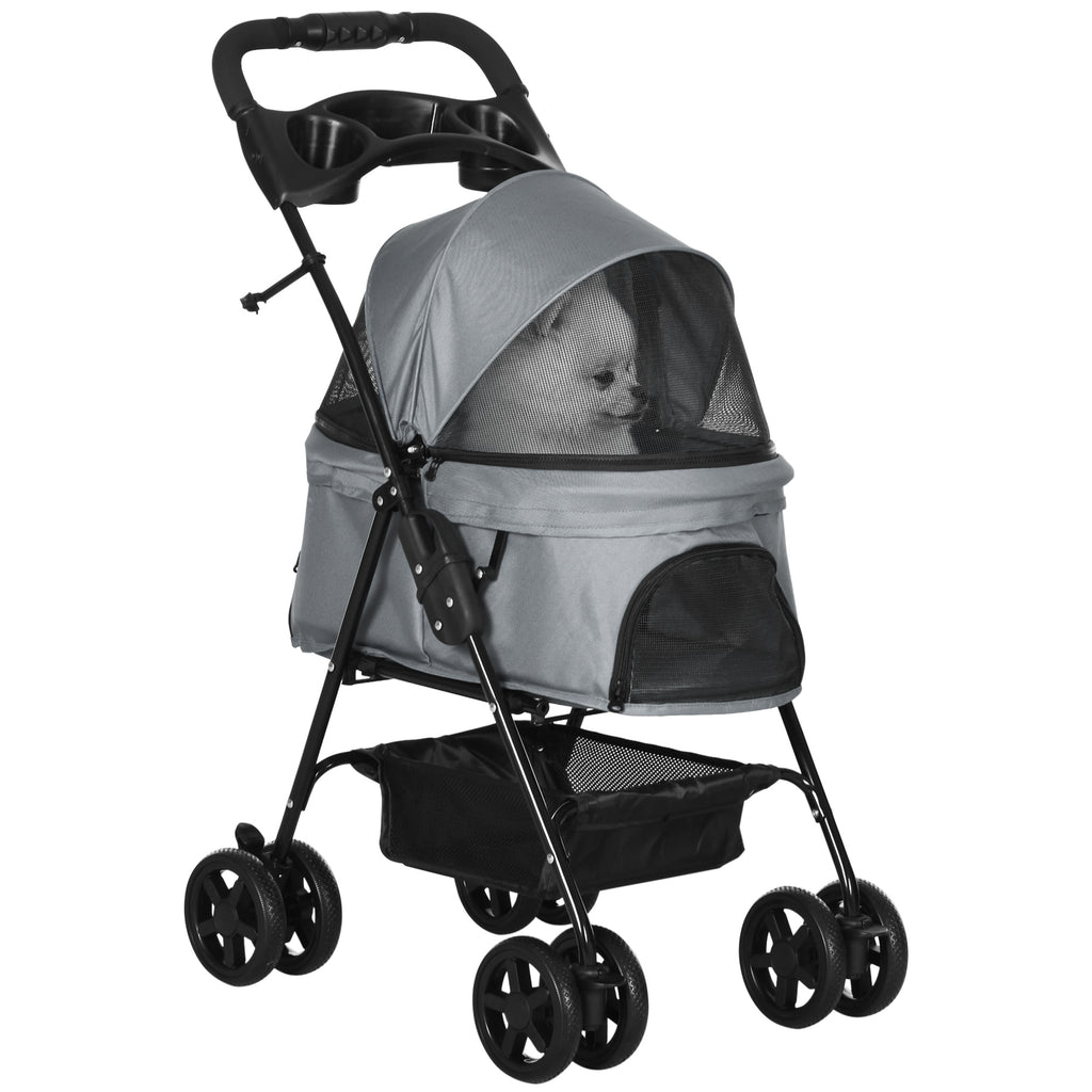 Pet Stroller Foldable Travel Carriage W/ Brake Basket Adjustable Canopy, Black