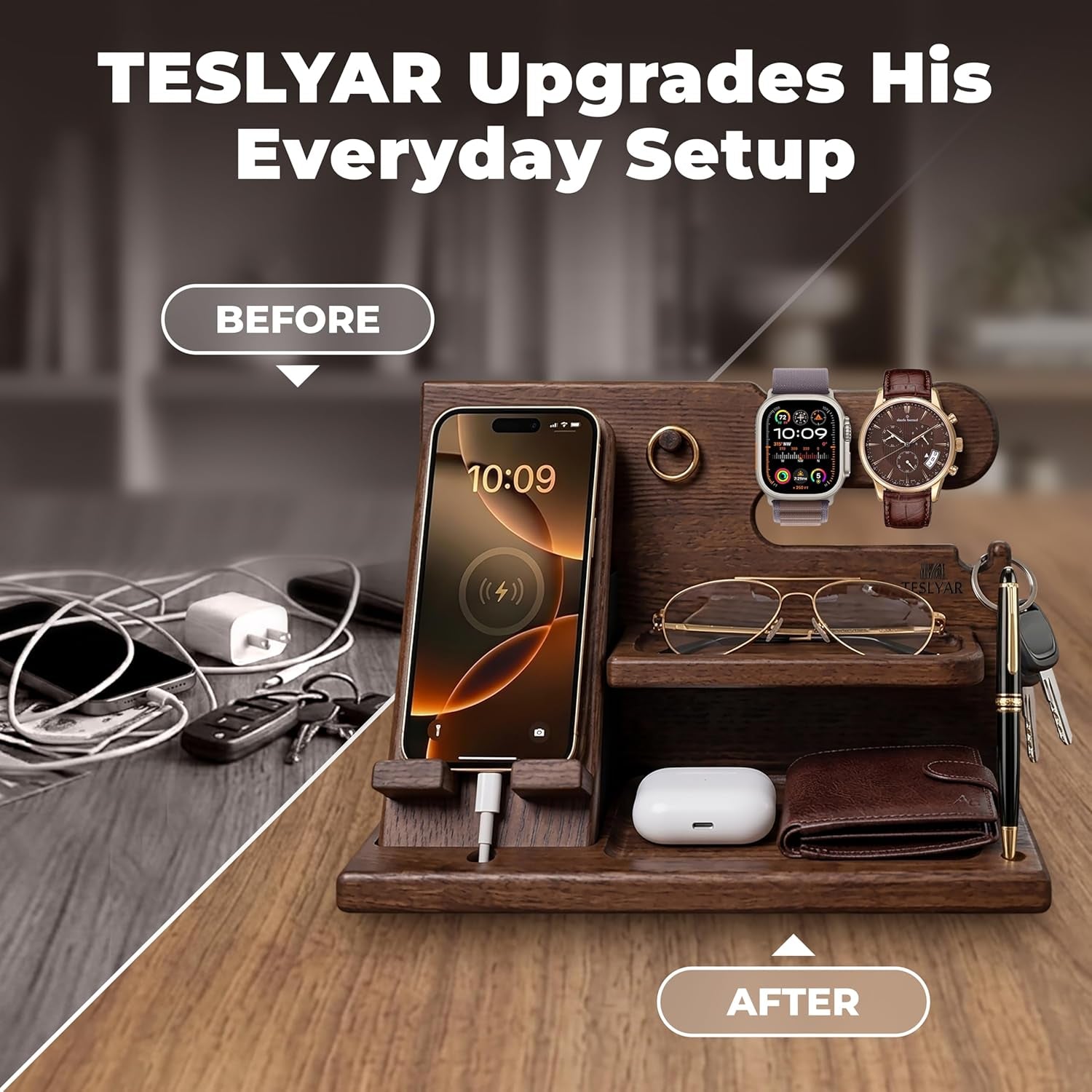 Gifts for Men Wood Phone Docking Station – Solid Nightstand Organizer with Key Holder, Wallet & Watch Stand, Wooden Desk Organiser for Husband, Boyfriend & Dad, (Brown)