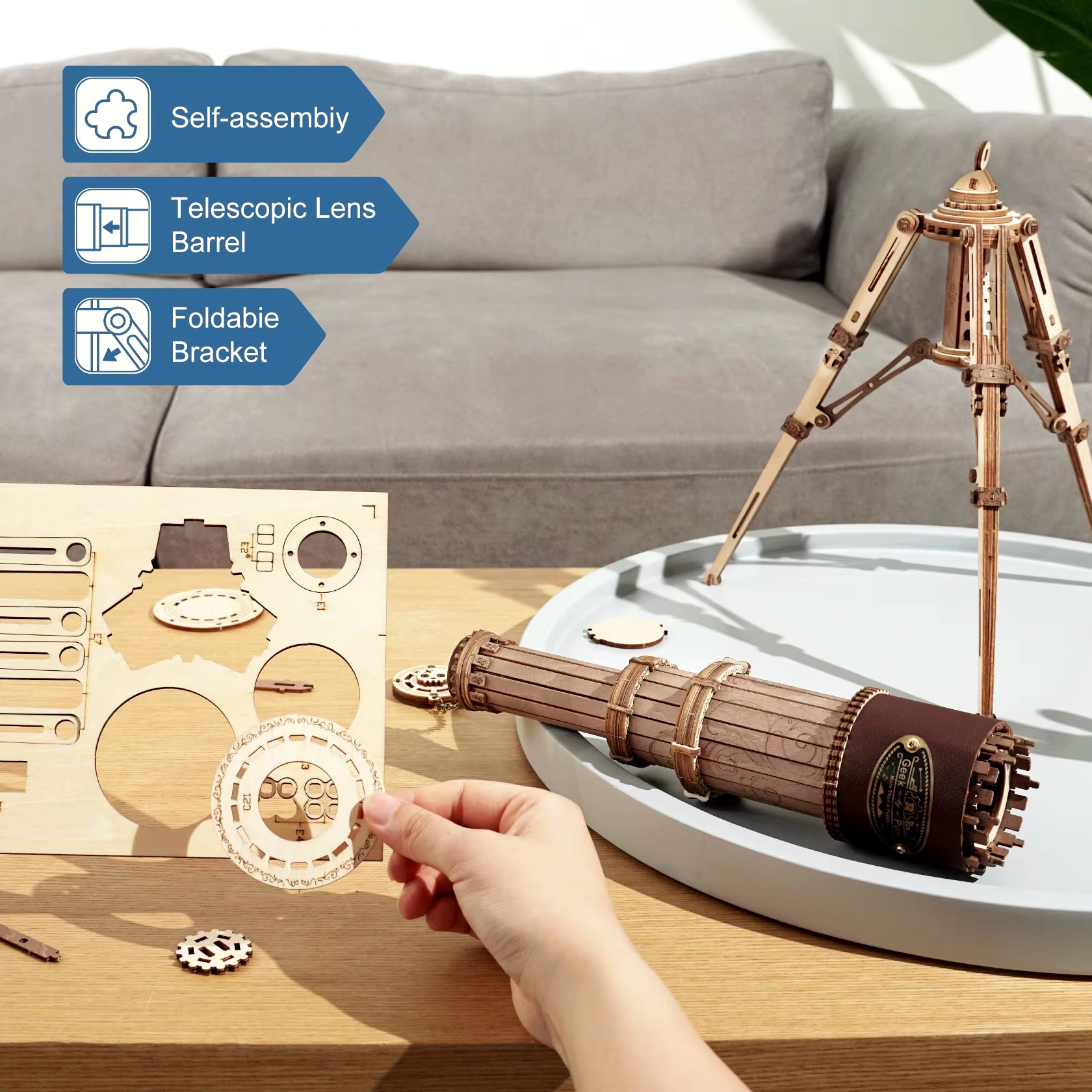 Rokr 1:1 DIY 314Pcs Telescopic Monocular Telescope Wooden Model Building Kits Assembly Toy Gift for Children Adult