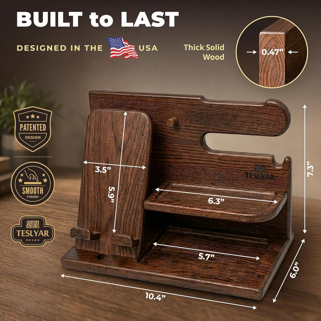 Gifts for Men Wood Phone Docking Station – Solid Nightstand Organizer with Key Holder, Wallet & Watch Stand, Wooden Desk Organiser for Husband, Boyfriend & Dad, (Brown)