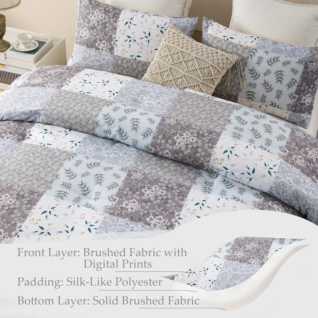 Double Size Coverless Duvet Set 7.5Tog, Patchwork Floral Bed Cover Bedding Comforter Duvets Sets for All Seasons, Machine Washable, 200×200CM, Grey