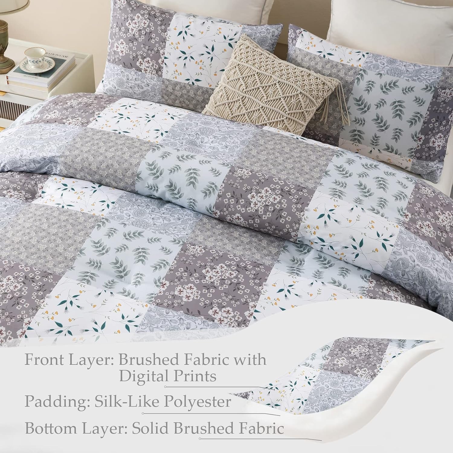 Double Size Coverless Duvet Set 7.5Tog, Patchwork Floral Bed Cover Bedding Comforter Duvets Sets for All Seasons, Machine Washable, 200×200CM, Grey