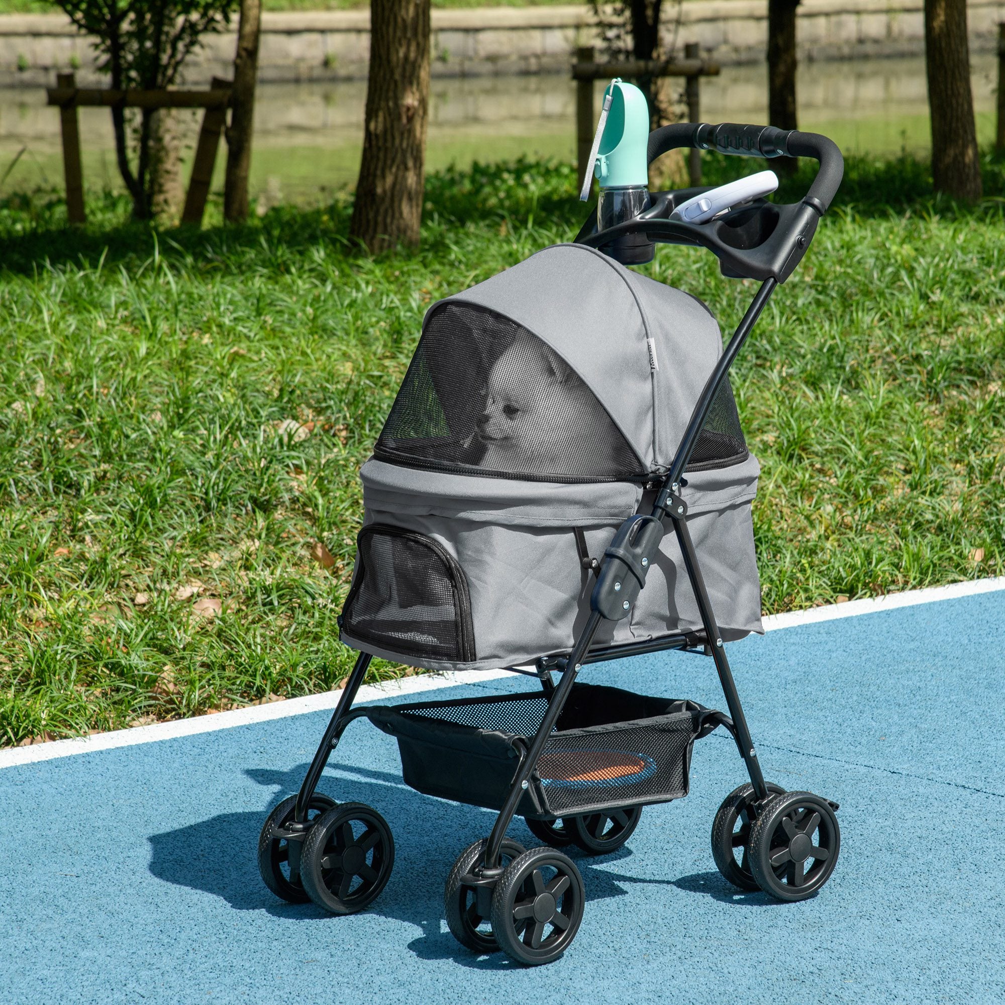 Pet Stroller Foldable Travel Carriage W/ Brake Basket Adjustable Canopy, Black