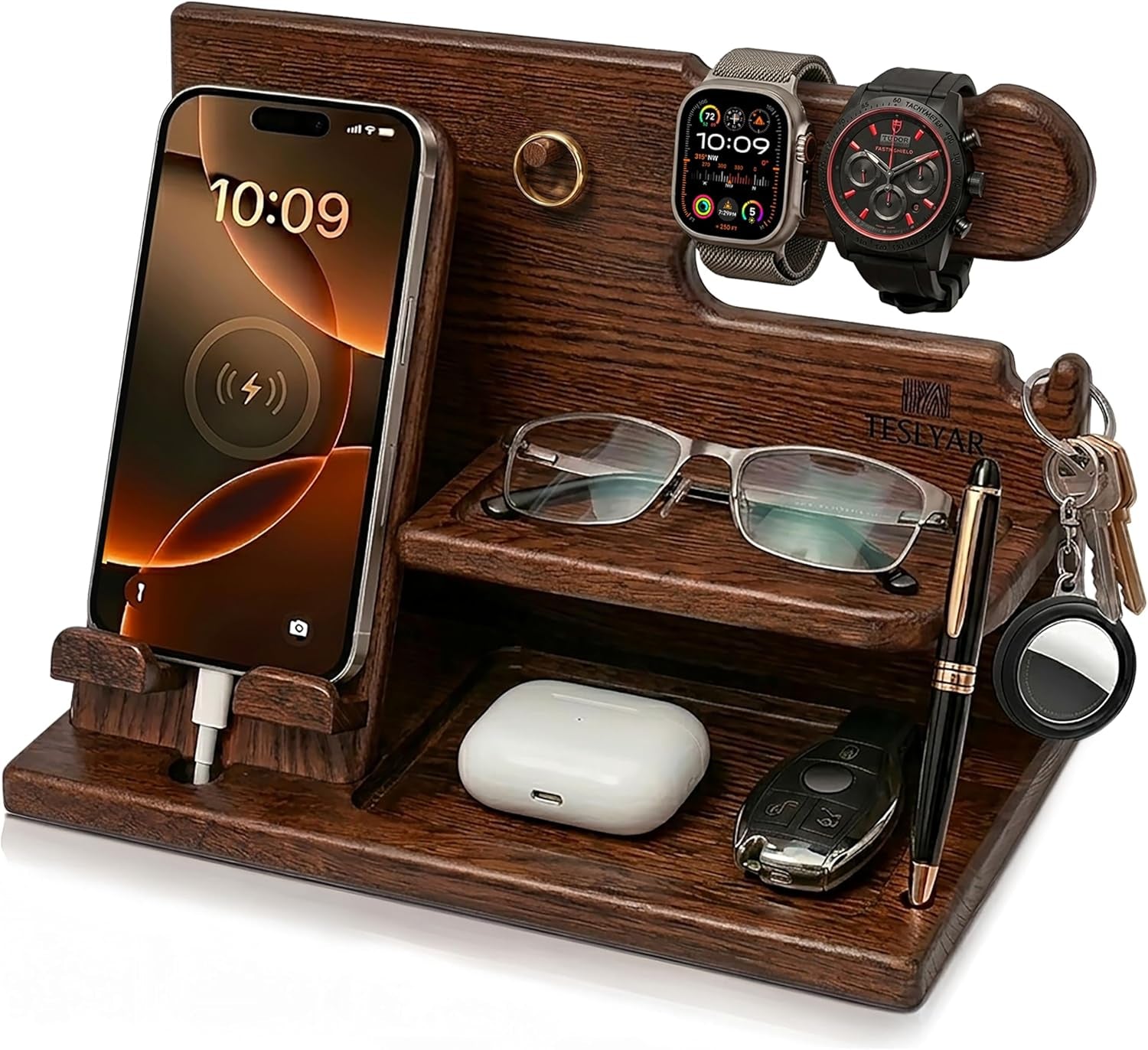 Gifts for Men Wood Phone Docking Station – Solid Nightstand Organizer with Key Holder, Wallet & Watch Stand, Wooden Desk Organiser for Husband, Boyfriend & Dad, (Brown)