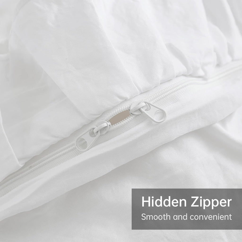 White Double Duvet Cover Set - 3 Pieces Seersucker Ruffle Bedding Sets (1 Duvet Cover and 2 Pillowcases) - Soft Microfiber Bed Sets for All Seasons 200X200 Cm