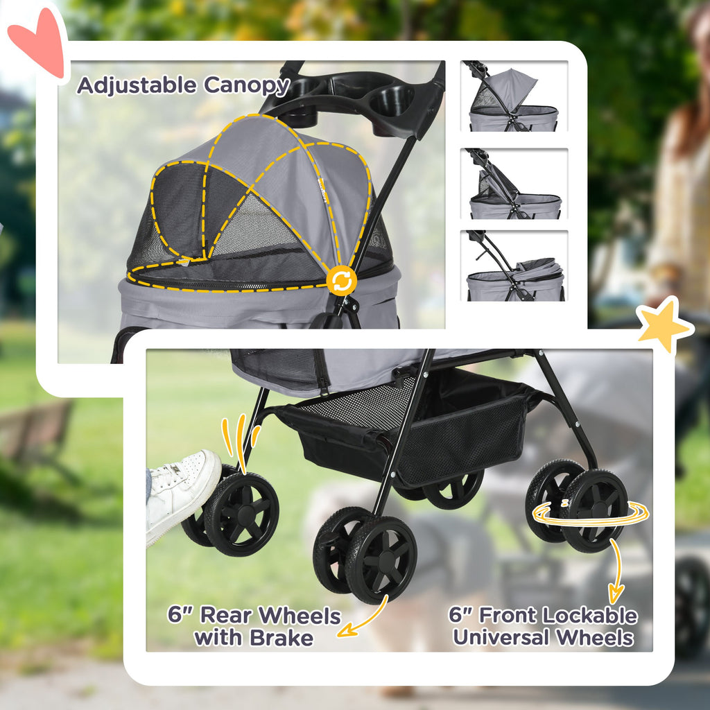 Pet Stroller Foldable Travel Carriage W/ Brake Basket Adjustable Canopy, Black