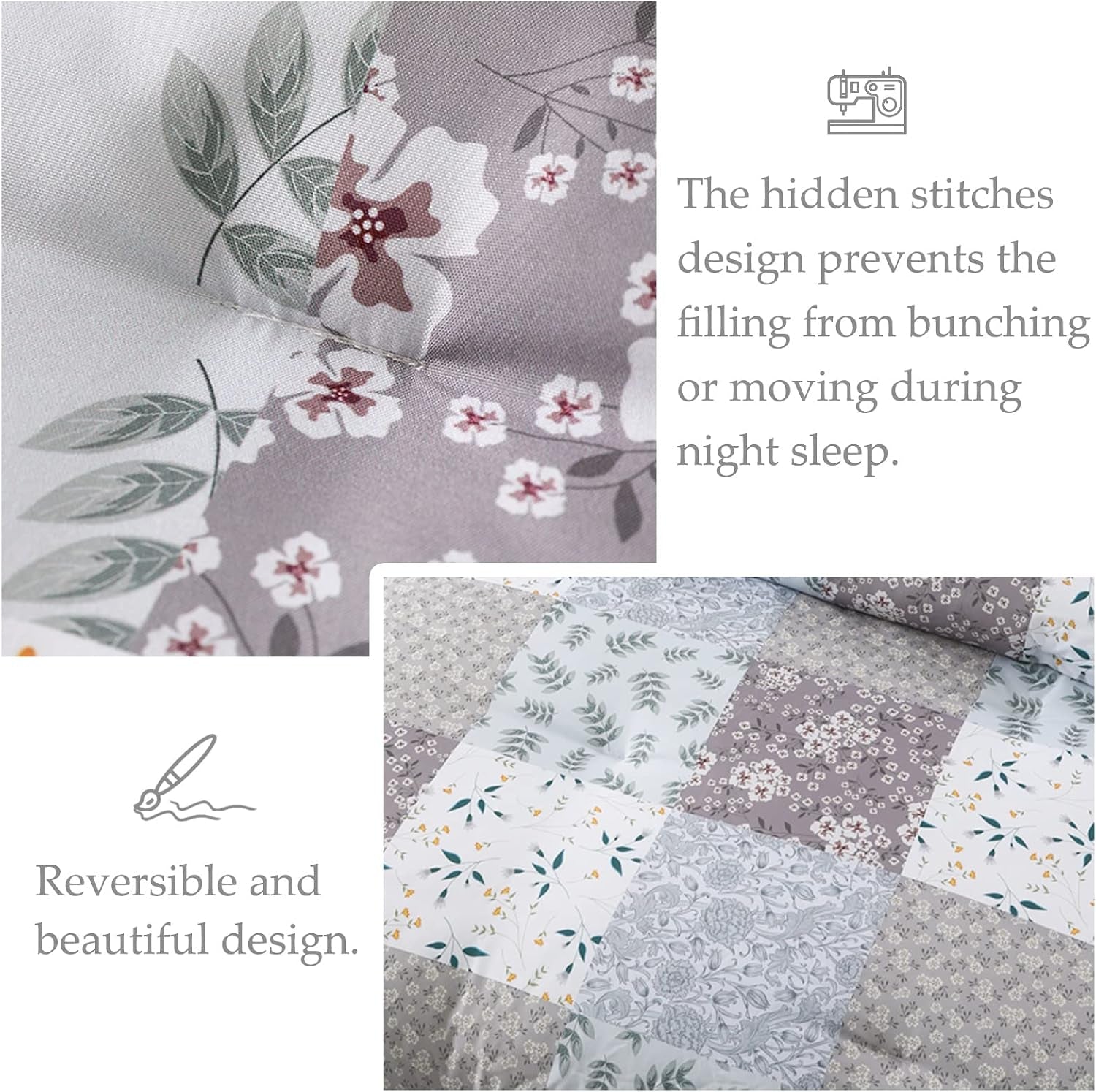 Double Size Coverless Duvet Set 7.5Tog, Patchwork Floral Bed Cover Bedding Comforter Duvets Sets for All Seasons, Machine Washable, 200×200CM, Grey