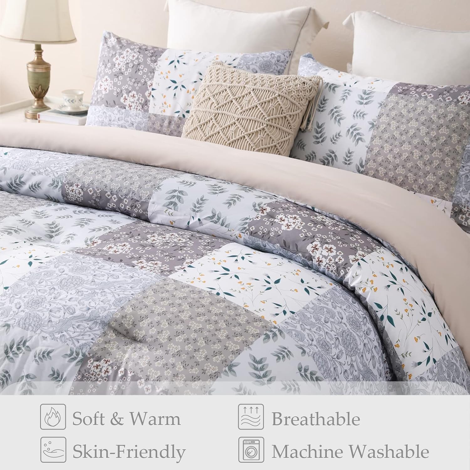 Double Size Coverless Duvet Set 7.5Tog, Patchwork Floral Bed Cover Bedding Comforter Duvets Sets for All Seasons, Machine Washable, 200×200CM, Grey