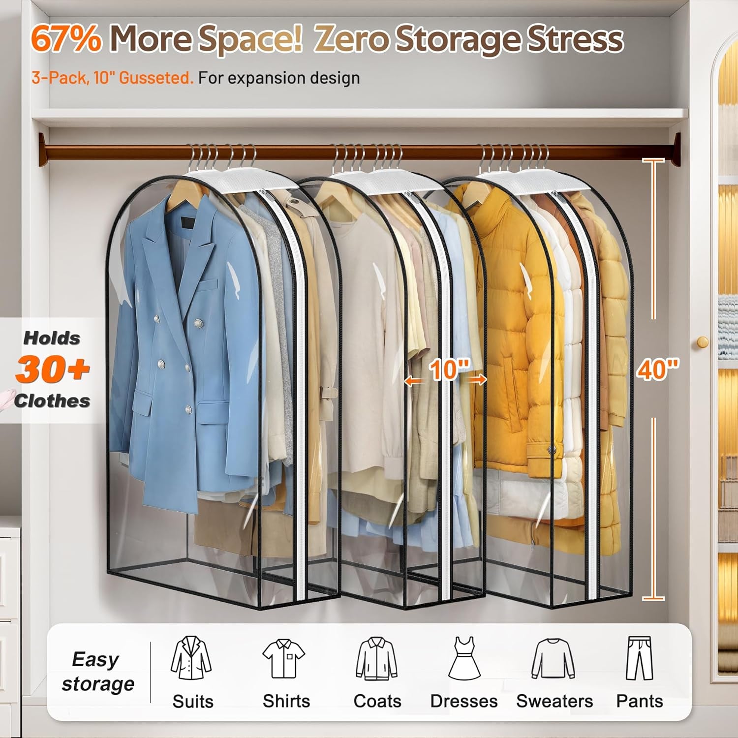 Gusseted Clear Suit Covers Garment Bags for Clothes 100Cm Waterproof Cothes Covers Protector Bags with Side Zip for Coats, Shirts, Dresses, 3 Packs