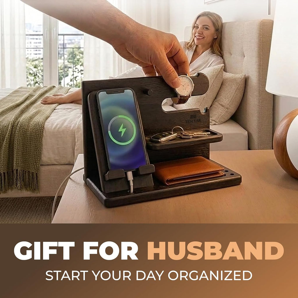 Gifts for Men Wood Phone Docking Station – Solid Nightstand Organizer with Key Holder, Wallet & Watch Stand, Wooden Desk Organiser for Husband, Boyfriend & Dad, (Brown)