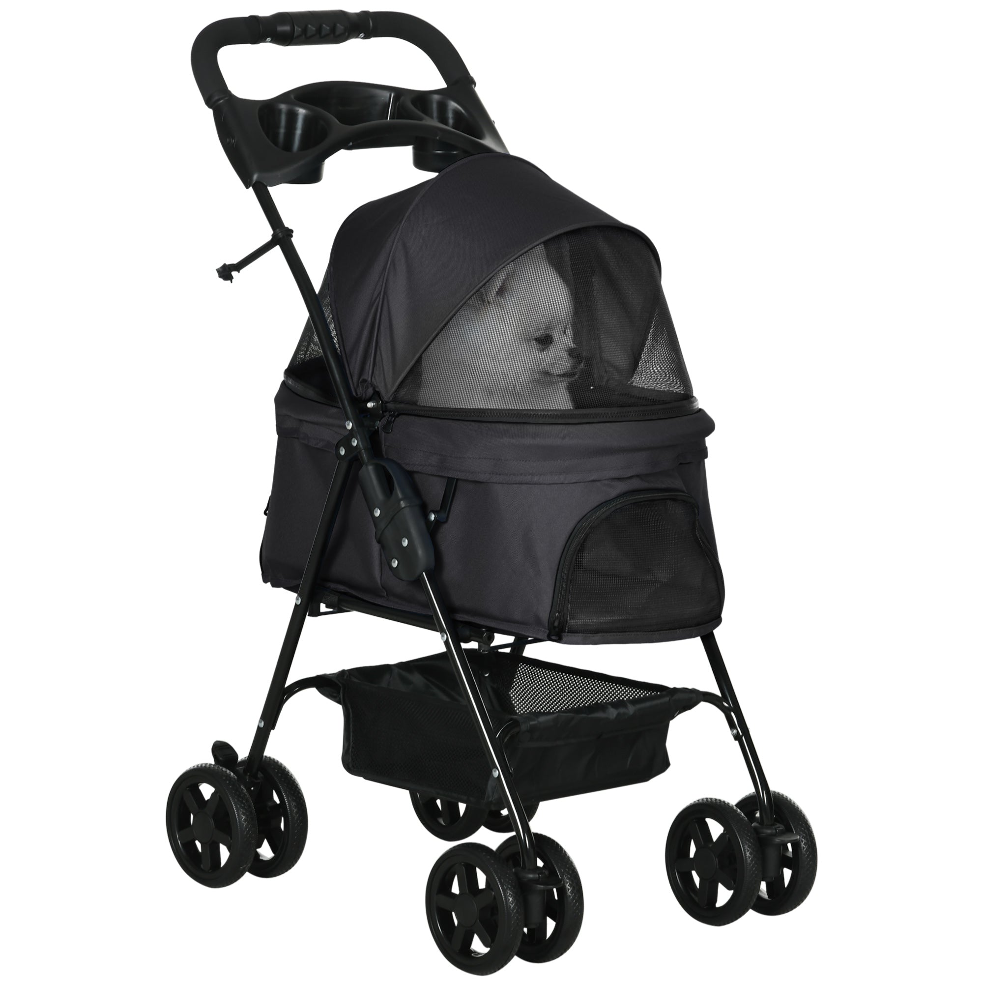 Pet Stroller Foldable Travel Carriage W/ Brake Basket Adjustable Canopy, Black