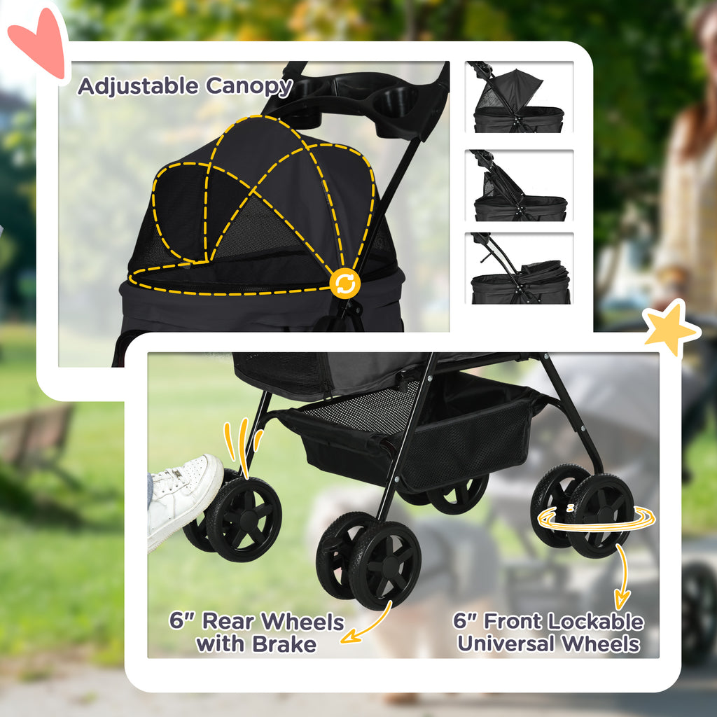 Pet Stroller Foldable Travel Carriage W/ Brake Basket Adjustable Canopy, Black