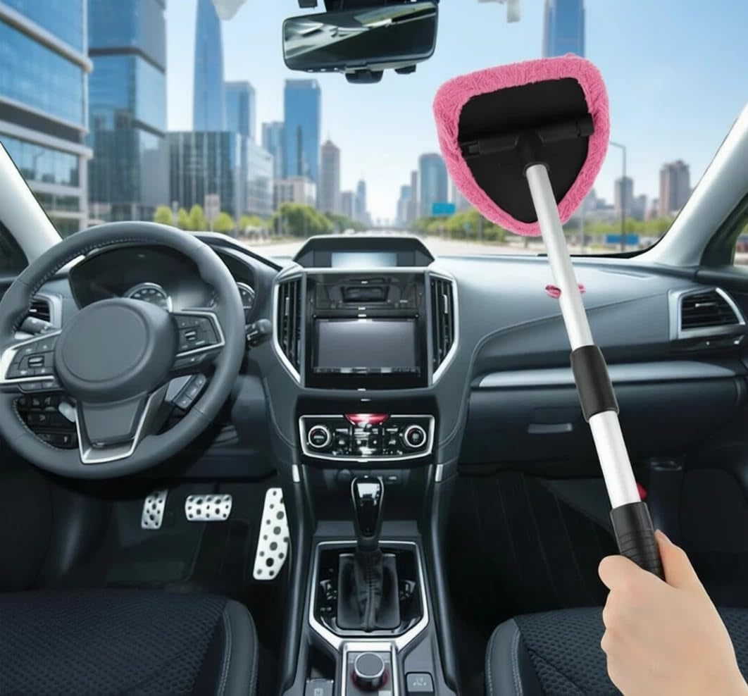 Windshield Cleaning Tools, Car Interior Window Detailing Cleaning Kit with Extendable Handle and 4 Easy to Install Reusable Ultra-Fine Pads, Car and Household Rain Brush Kit